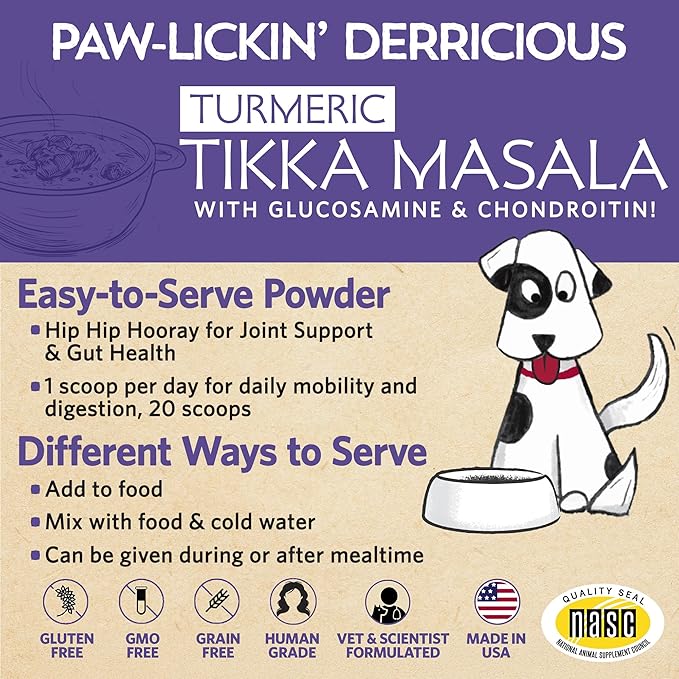 Fidobiotics Hip & Joint Support for Dogs, Daily Probiotics for Dogs with Glucosamine & Chondroitin for Gut Health and Mobility, Turmeric Tikka-Masala Flavor - 20 Servings