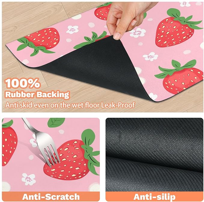Red Strawberry Dog Food Mat for Floors Absorbent Dog Bowl Mat for Food and Water Dispenser Quick Dry Cat Food Placemat Pet Supplies 24" x 32", Cute Flower