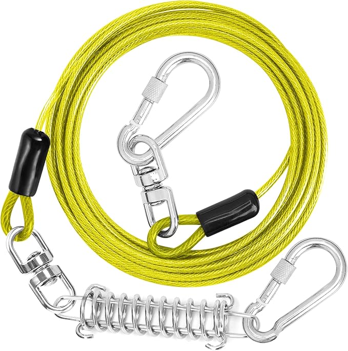 jenico Dog Tie Out Cable, 10/15/20/30/40/50/70/100/150FT Runner Cable with Swivel Hook and Shock Spring, Dog Leash Run Tether for Yard Outdoor and Camping,for Small to Medium Pets Up to 500 LBS