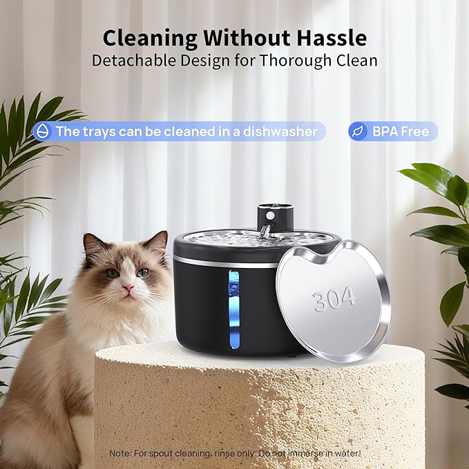 Cat Water Fountain Cordless, 108oz/3L Pet Fountains for Cats Indoor with Stainless Steel Tray, Battery Operated Cat Drinking Fountain with Motion Sensor, Ultra Quiet Pump (Black)