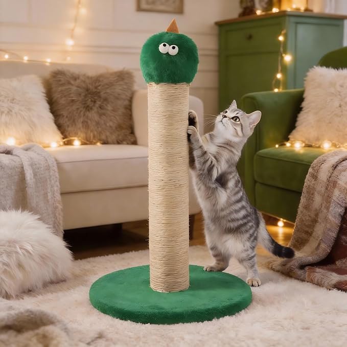 Cat Scratching Post for Small Space, 22'' Scratching Posts for Indoor Cats Adults, Extra Wide 13.4" Stable Base & Natural Sisal, Cute Cat Scratching Post with Short Plush Fabric for Indoor Cats, Green
