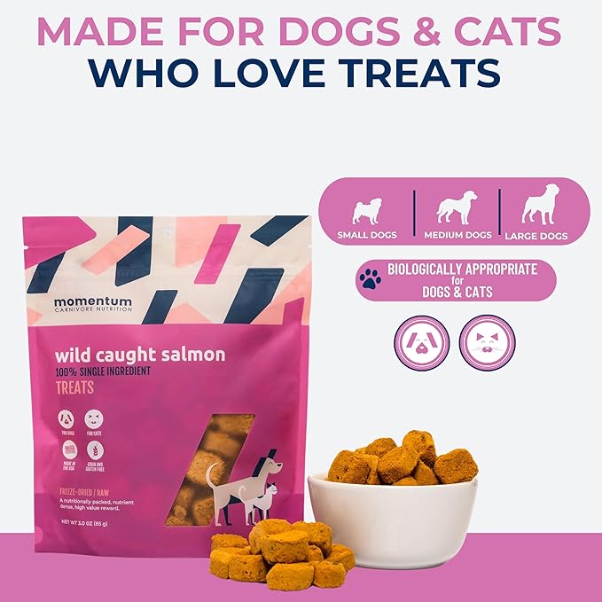 Momentum Carnivore Nutrition Freeze-Dried Wild-Caught Salmon Dog Treats & Cat Treats – Single-Ingredient, High-Protein, Grain-Free, Natural Source of Omega-3s – Made in USA – 3 oz Bag