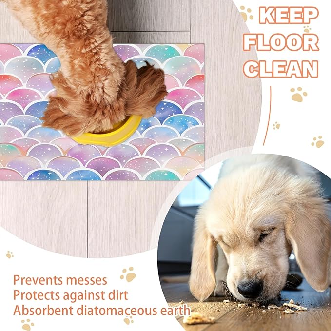 Mermaid Scale Dog Food Mat for Floors Absorbent Dog Bowl Mat for Food and Water Dispenser Quick Dry Cat Food Placemat Pet Supplies 17" x 30", Pink Purple Glitter