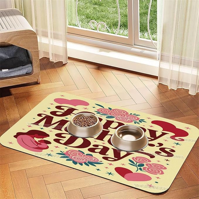 Dog Food Mat for Floors Absorbent Quick Drying Happy Mother's Day Floral Gift for Mom Ef Pet Cat Food Mat Easy-to-Clean Pet Feeding Mats Dog Bowl Mats 24x16In