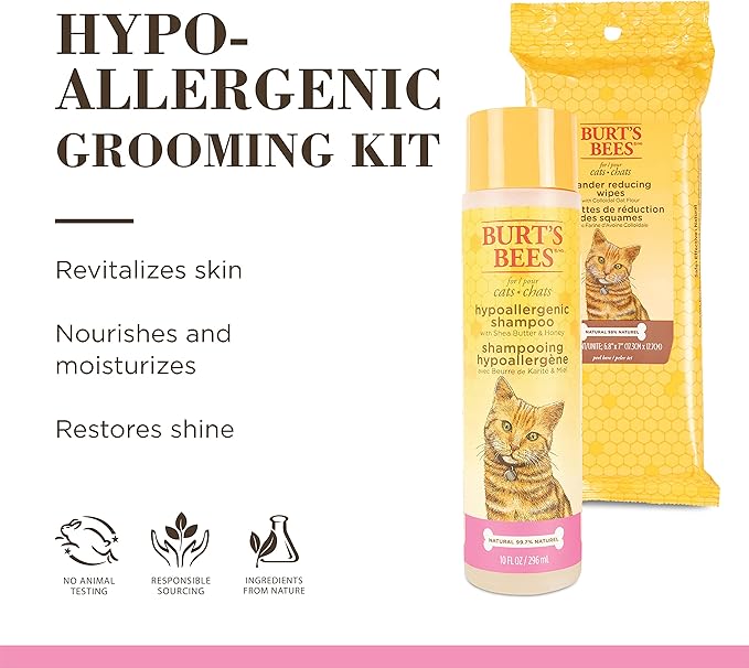 Burt's Bees Hypoallergenic Cat Shampoo and Dander Reducing Grooming Wipes - Cat Grooming Supplies, Cat Shampoo, Cat Wipes