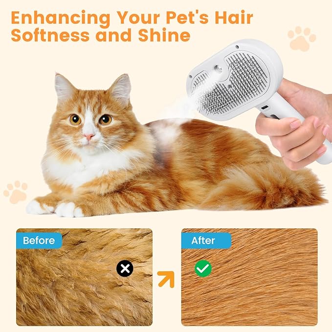 Cat Steam Brush for Shedding, 3 In 1 Steam Cat Brush Self Cleaning, Dog Brush for Long and Short Hair Dogs and Cats, Pet Grooming Comb Remove Tangled Loose Hair, Type-C Fast Charging (White)