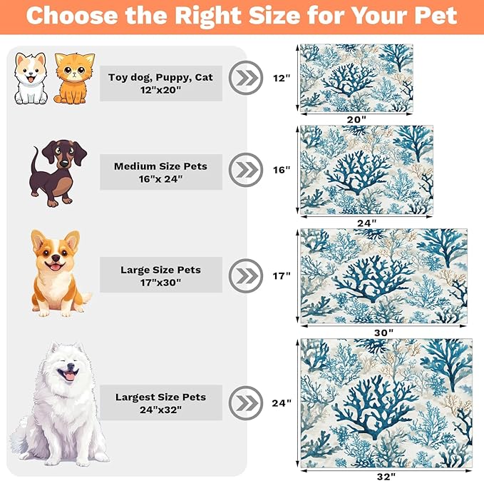 Nautical Coastal Dog Food Mat for Floors Absorbent Dog Bowl Mat for Food and Water Dispenser Quick Dry Cat Food Placemat Pet Supplies 12" x 20", Watercolor Coral