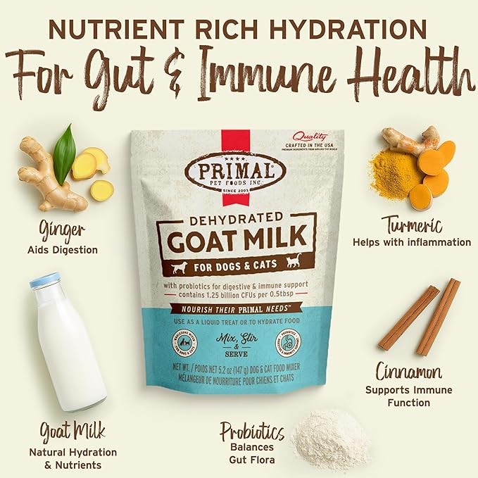 Primal Goat Milk Powder for Dogs and Cats, Shelf Stable Food Topper with Probiotics for Digestion, Hydration, and Immune Support, Original Recipe 5.2oz Pouch