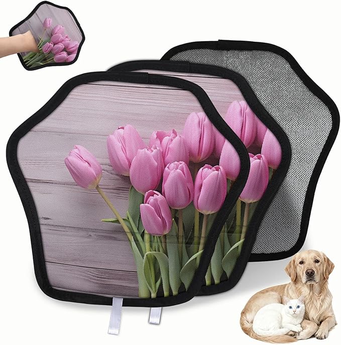 Reusable Pet Hair Removal Glove Tulip Blossoms Magic Brush for Cat & Dog Hair Remover for Car, Sofa, Bedding, Clothes - 9x9 Mitt Washable
