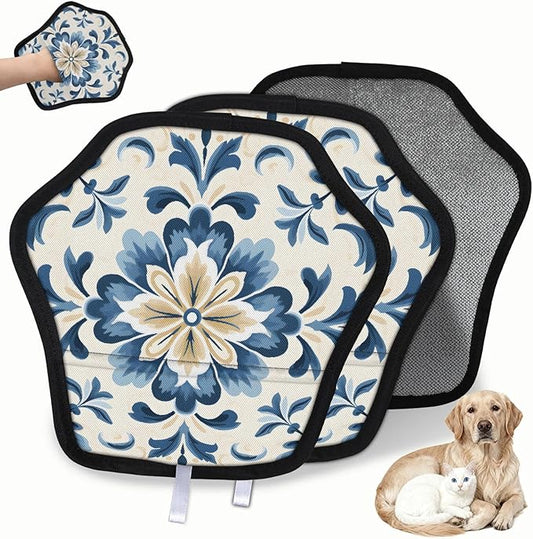 Reusable Pet Hair Removal Glove Watercolor Blue Flowers Magic Brush for Cat & Dog Hair Remover for Car, Sofa, Bedding, Clothes - 9x9 Mitt Washable