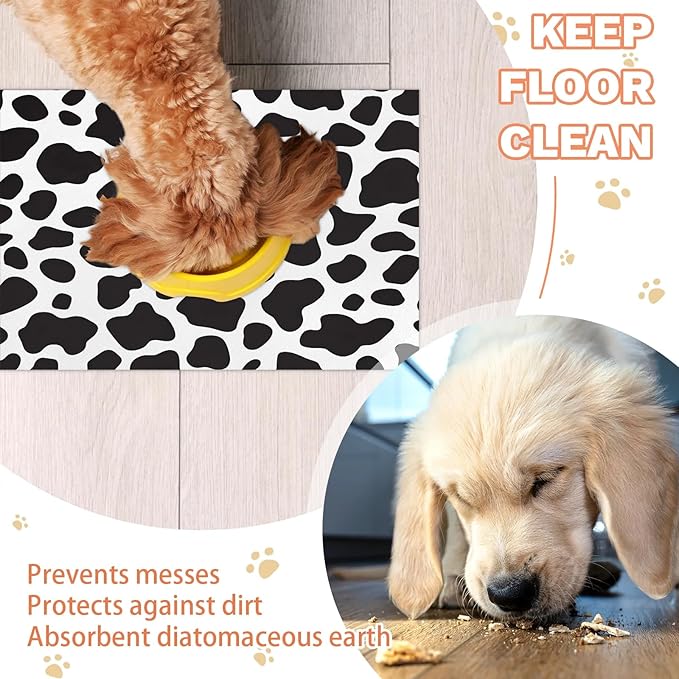 Cow Print Dog Food Mat for Floors Absorbent Dog Bowl Mat for Food and Water Dispenser Quick Dry Cat Food Placemat Pet Supplies 16" x 24", Black White Skin