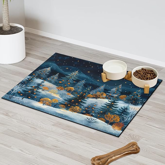 Forest Hills Dog Food Mat for Floors Absorbent, Quick Dry Water Dispenser Mat for Food, Water, Pet Supplies 16" x 24", Tree