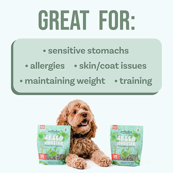 Polkadog Green Crab & Kelp Crunchy Training Bits - All Natural, Limited Ingredient, Premium Training Treats for Dogs, Omega-3 Rich. Great for Allergies, Handcrafted in USA - 7oz (1pk)