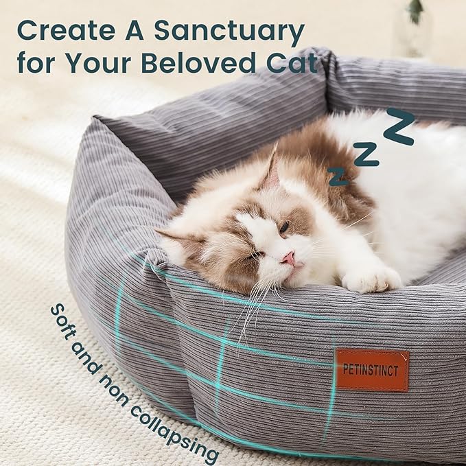Cat Bed, 22 Inch Washable Corduroy Cat and Small Dog Bed with Removable Cover & Anti-Slip Bottom, Calming Comfort Pet Bed for Pets up to 15 lbs (Gray)