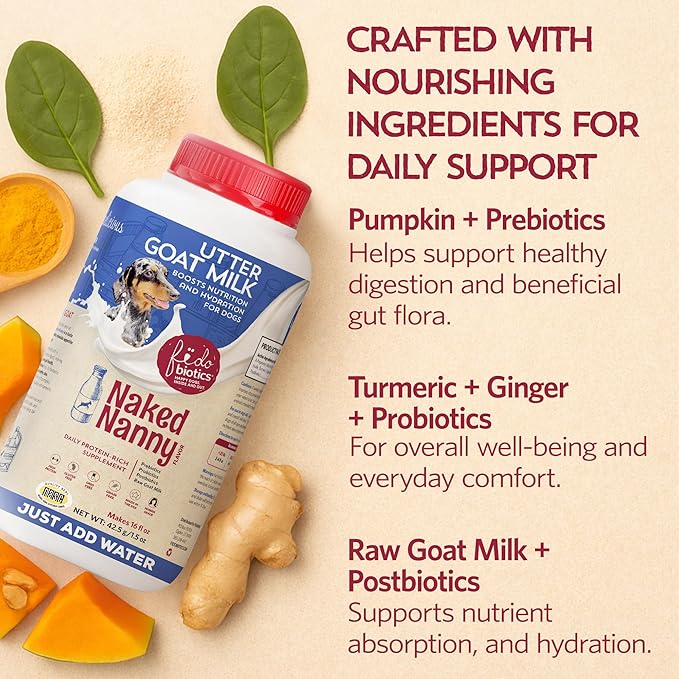 Fidobiotics Goat Milk Powder for Dogs, Mix and Serve Nutrition and Hydration Support with Prebiotics, Probiotics, & Postbiotics, Naked Nanny Flavor, 16oz