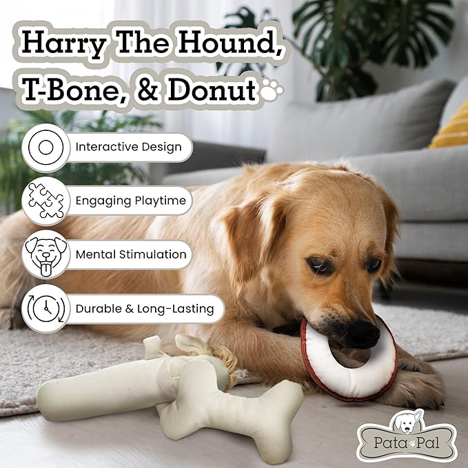 3-Pack Durable Cotton Canvas Squeaky Dog Toys – Eco-Friendly Interactive Chew Toy Set for Small to Large Dogs – Harry The Hound, T-Bone & Donut Disk