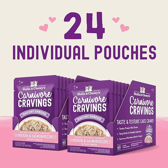 Stella & Chewy's Carnivore Cravings Wet Cat Food - Premium Pouches - Grain Free, High Protein Chicken & Salmon - Perfect For Picky Eaters - Complete Meal or Topper (2.8 oz, 24 Pack)