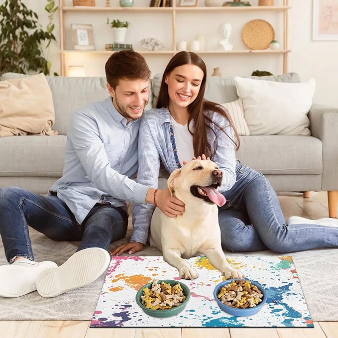 Rainbow Graffiti Dog Food Mat for Floors Absorbent Dog Bowl Mat for Food and Water Dispenser Quick Dry Cat Food Placemat Pet Supplies 12" x 20", Abstract