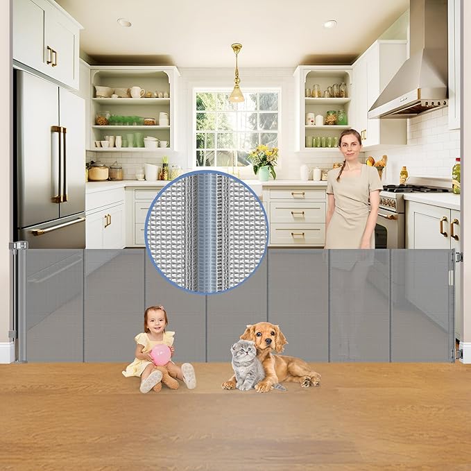 Reinforced 150 Inch Wide Retractable Baby Gates Extra Wide, 37 Inch Tall Outdoor Retractable Gate for Dogs, 12.5ft Long Baby Gates Indoor with Reinforced Strips, Extra Long Pet Gate Outdoor, Gray