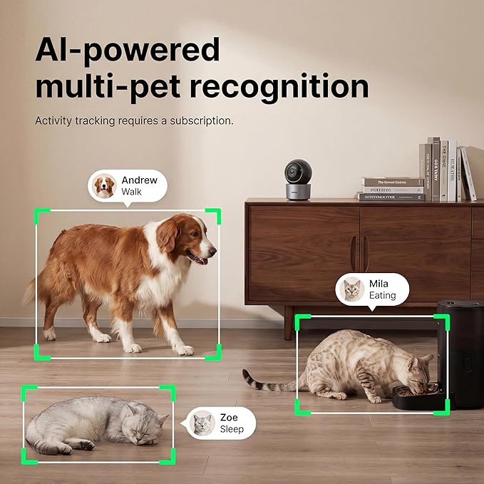 AI Pet Camera, 2K 3MP Dog Camera with AI Multi-Pet Recognition & Behavior Analysis, 360° View Cat Monitor, Dual-Band WiFi, Gray