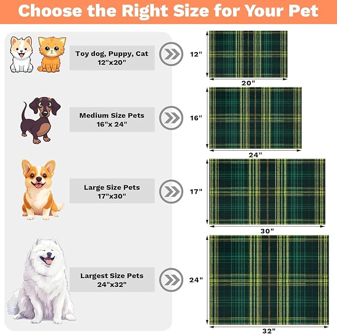 Green Plaid Dog Food Mat for Floors Absorbent, Quick Dry Water Dispenser Mat for Food, Water, Pet Supplies 16" x 24", Buffalo Check
