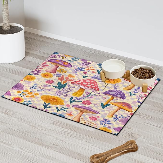 Boho Mushrooms Dog Food Mat for Floors Absorbent Dog Bowl Mat for Food and Water Dispenser Quick Dry Cat Food Placemat Pet Supplies 17" x 30", Cute Flower