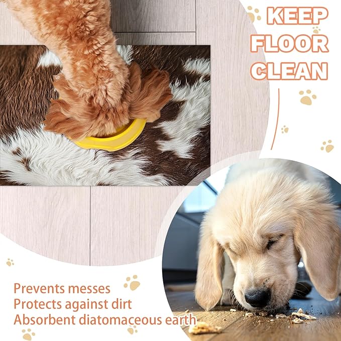 Cow Print Dog Food Mat for Floors Absorbent Dog Bowl Mat for Food and Water Dispenser Quick Dry Cat Food Placemat Pet Supplies 24" x 32", Brown Skin