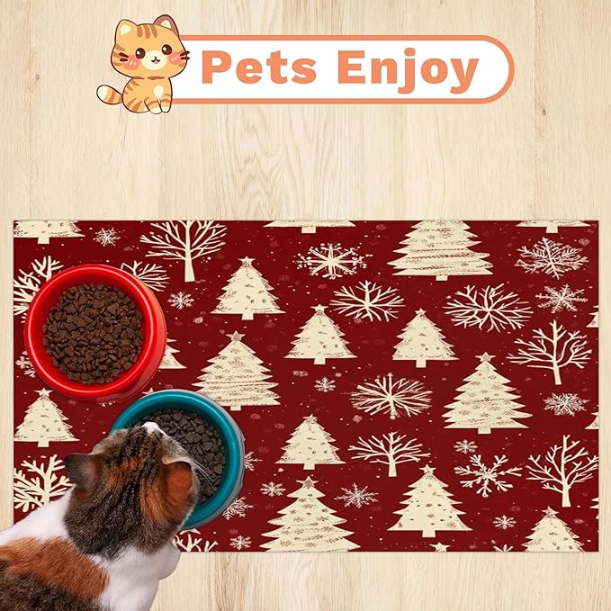 Xmas Tree Dog Food Mat for Floors Absorbent, Quick Dry Water Dispenser Mat for Food, Water, Pet Supplies 12" x 20", Christmas Snowflakes