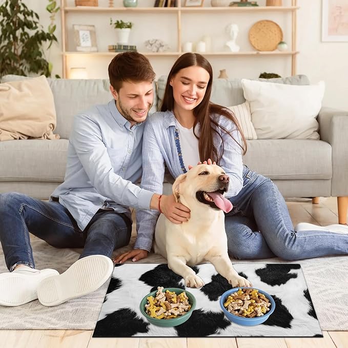 Cowhide Print Dog Food Mat for Floors Absorbent Dog Bowl Mat for Food and Water Dispenser Quick Dry Cat Food Placemat Pet Supplies 24" x 32", Black Milk Cow