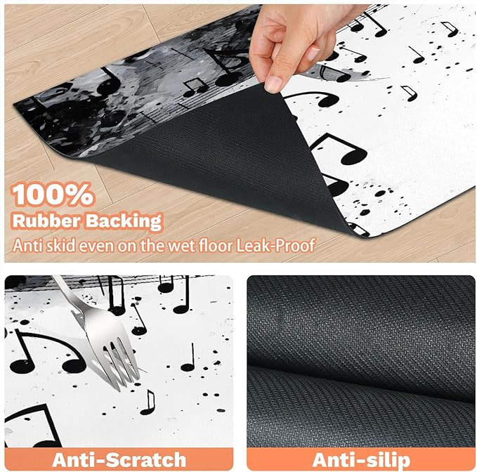 Musical Notes Dog Food Mat for Floors Absorbent Dog Bowl Mat for Food and Water Dispenser Quick Dry Cat Food Placemat Pet Supplies 12" x 20", Black Music Note