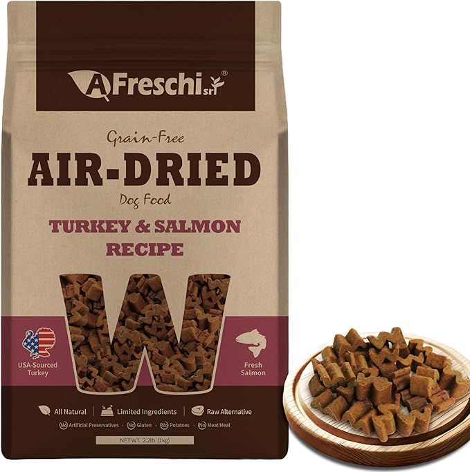 A Freschi srl Air-Dried Puppy & Adult Dog Food - Real Turkey & Salmon Recipe | Grain-Free | High-Protein for Toy, Small & Large Breeds | Ideal for Picky Eaters, 2.2 lb Bag