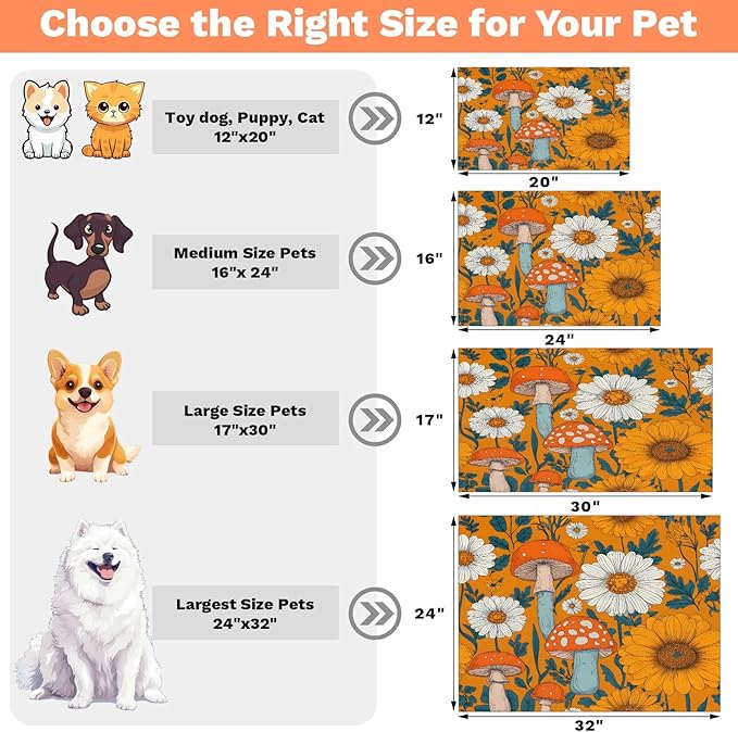 Mushroom Dog Food Mat for Floors Absorbent Dog Bowl Mat for Food and Water Dispenser Quick Dry Cat Food Placemat Pet Supplies 17" x 30", Daisy Flower