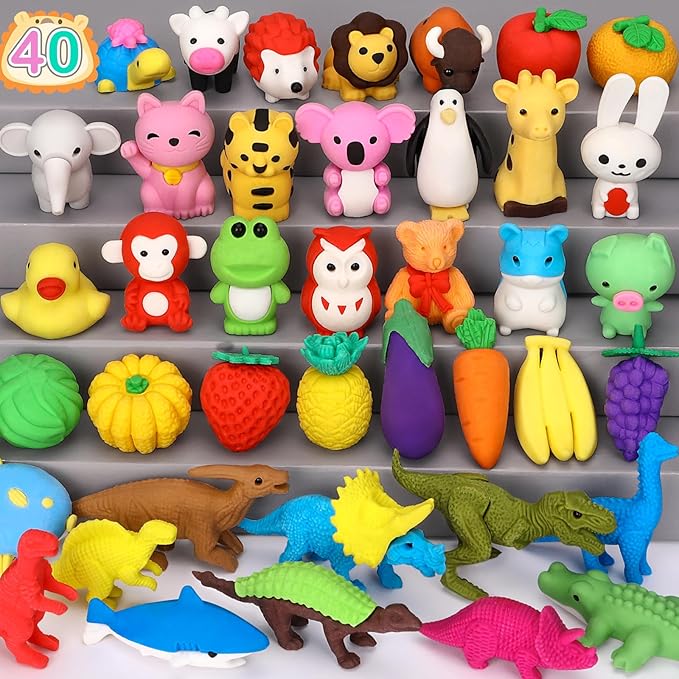 40 Pack Animal Erasers for Kids Bulk Desk Pets Classroom Prizes Treasure Box Toys for Classroom Supplies, 3D Puzzle Mini Erasers Pencil Eraser Back to School Supplies for Kids Party Favors (Random)
