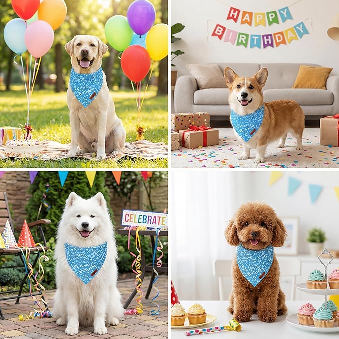 PTDECOR Happy Birthday Dog Bandana, Premium Durable Fabric, Triangle Scarf for Dog Birthday Party Supplies, Blue Pet Bandana for Small Dogs Pets (Small)