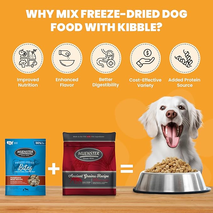 Muenster Freeze Dried Dog Food Topper Bites (5oz) - Farmhaus Elk Freeze Dried Dog Food w/Organic Minerals - Elk & Organ Meats Meal Toppers for Dogs - Dog Treats for Training
