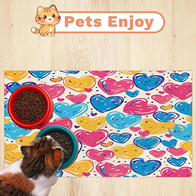 Colorful Heart Dog Food Mat for Floors Absorbent, Quick Dry Water Dispenser Mat for Food, Water, Pet Supplies 17" x 30", Love