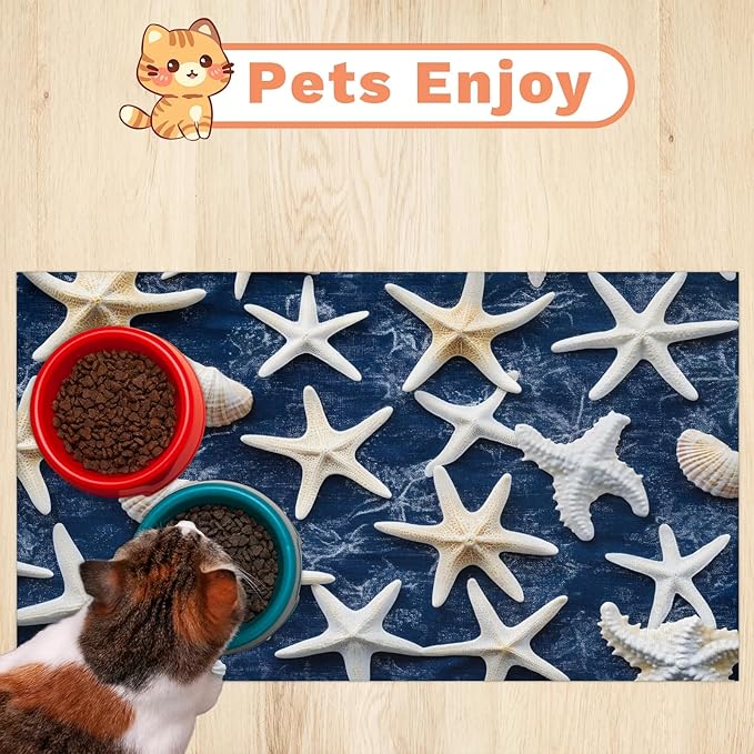 Starfish Dog Food Mat for Floors Absorbent Dog Bowl Mat for Food and Water Dispenser Quick Dry Cat Food Placemat Pet Supplies 24" x 32", Blue Denim