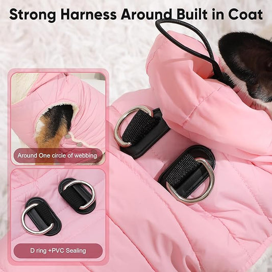 Fleece Lining Dog Hoodie with Harness Built in,Extra Warm Small Dog Jacket in Winter Puppy Coats with Drawstring Hooded,Light Pink M