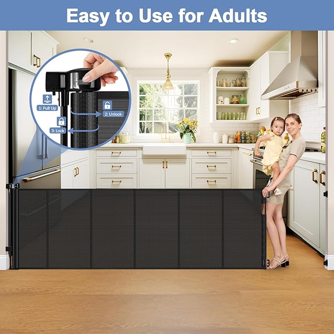 Reinforced 200 Inch Extra Wide Baby Gate Retractable Dog Gate 16.7ft Outdoor pet Gates for Wide Openings 33 Inch Tall No Sag Mesh Retractable Baby Gates for Doorways with Reinforced Strips, Black