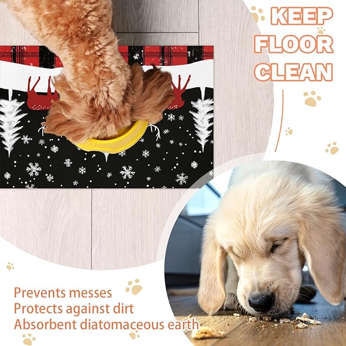Christmas Forest Deer Dog Food Mat for Floors Absorbent, Quick Dry Water Dispenser Mat for Food, Water, Pet Supplies 17" x 30",
