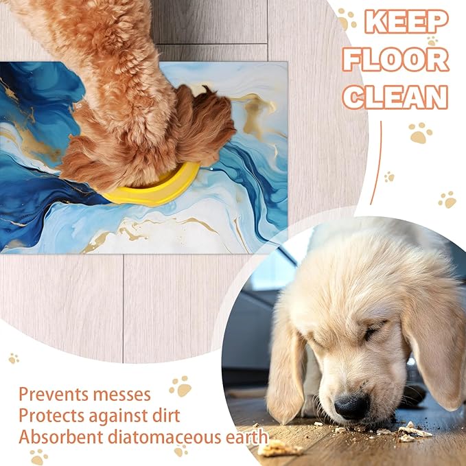 Blue Marble Dog Food Mat for Floors Absorbent, Quick Dry Water Dispenser Mat for Food, Water, Pet Supplies 16" x 24", Abstract