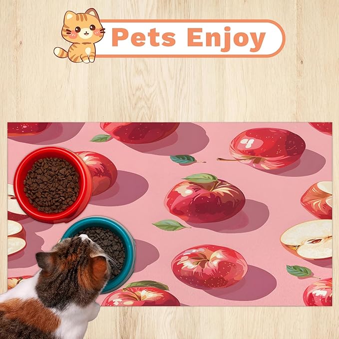 Red Apples Dog Food Mat for Floors Absorbent Dog Bowl Mat for Food and Water Dispenser Quick Dry Cat Food Placemat Pet Supplies 16" x 24", Green Leaves