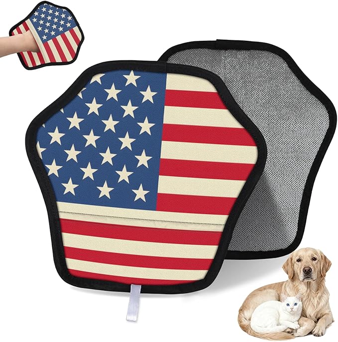 Retro Stars Stripes Electrostatic Pet Hair Removal Glove for Cats & Dogs - Reusable Grooming Mitt for Couch, Carpet, Car Seat & Laundry - Large 9x9 Inch
