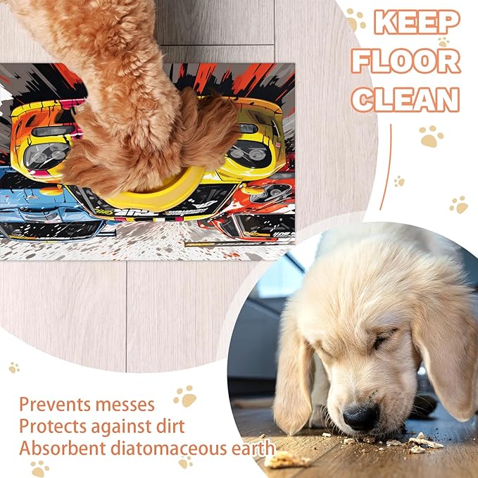 Race Car Dog Food Mat for Floors Absorbent, Quick Dry Water Dispenser Mat for Food, Water, Pet Supplies 24" x 32",
