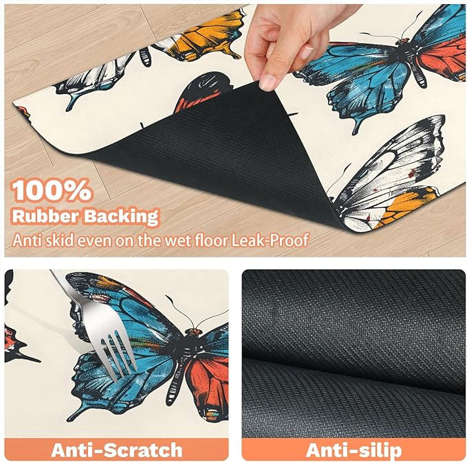 Colorful Butterfly Dog Food Mat for Floors Absorbent, Quick Dry Water Dispenser Mat for Food, Water, Pet Supplies 12" x 20", Watercolor Animal