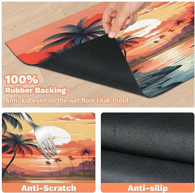 Beach Palm Tree Dog Food Mat for Floors Absorbent, Quick Dry Water Dispenser Mat for Food, Water, Pet Supplies 17" x 30", Sunrise Sunset