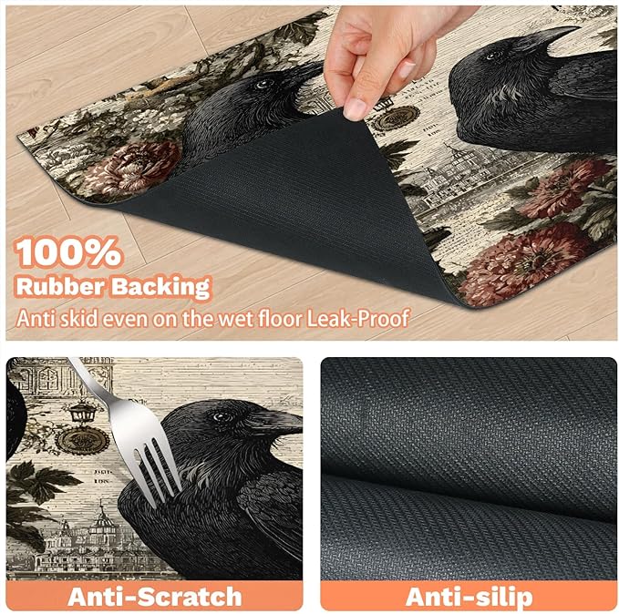 Halloween Skull Dog Food Mat for Floors Absorbent, Quick Dry Water Dispenser Mat for Food, Water, Pet Supplies 17" x 30", Raven Flower