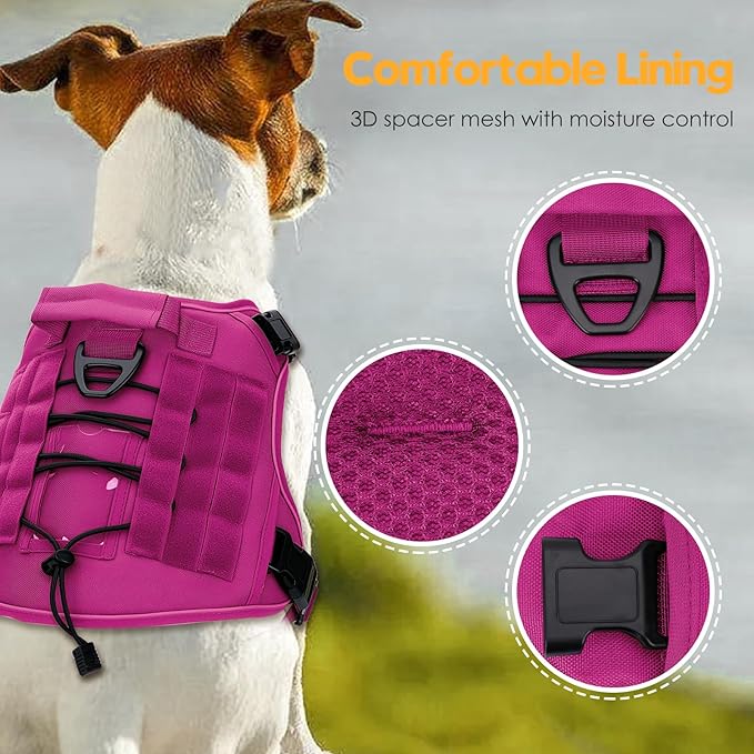 Heavy-Duty Tactical Dog Harness for Large Dogs, No Pull Adjustable Reflective Pet Vest with Molle System, K9 Military-Grade Control for Service Training, Outdoor & 10+ Breeds, Pink, X-Large