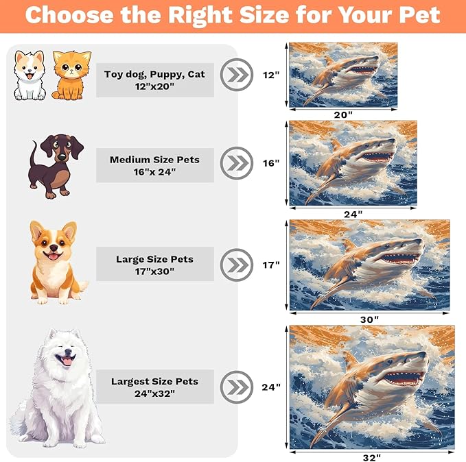 Ocean Shark Dog Food Mat for Floors Absorbent Dog Bowl Mat for Food and Water Dispenser Quick Dry Cat Food Placemat Pet Supplies 17" x 30", Coastal Nautical