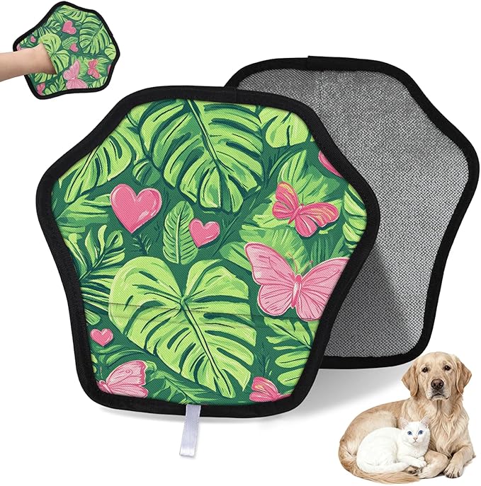 Reusable Pet Hair Removal Glove Butterfly Palm Leaves Magic Brush for Cat & Dog Hair Remover for Car, Sofa, Bedding, Clothes - 9x9 Mitt Washable